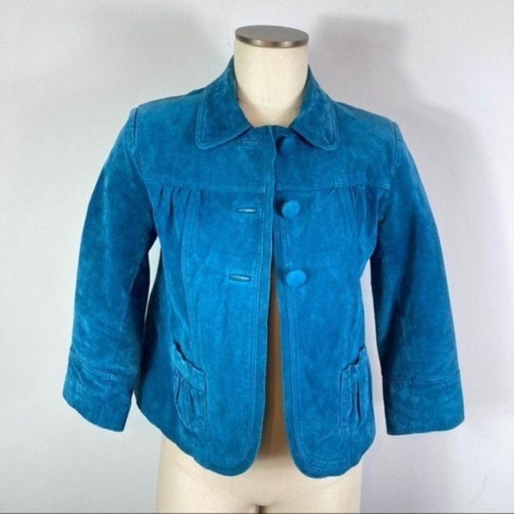 Chico's Teal Suede Leather Cropped Jacket Blazer Size 0 - Picture 3 of 12